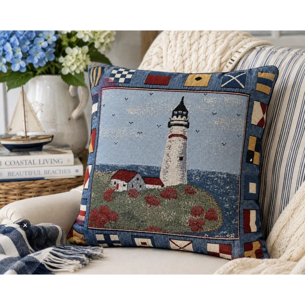VTG Lighthouse Nautical Flags Pillow Coastal Scene Blue 16
